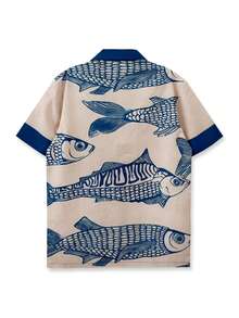 Printed Shirt, Fish Print Pattern, Blue Colorblock, Short Sleeve Shirt, Casual Outing, Simple Daily, Beach Street, Fashion - Multicolor - View 2
