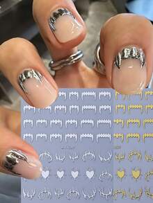 2 piezas Pegatinas de uñas metálicas plateadas y doradas con colmillos de araña 3D y corazón, calcomanías de uñas góticas de terror de Halloween, diseño de araña sangrienta espeluznante, autoadhesivas, pegatinas de arte de uñas DIY, suministros para manicura - Multicolor - Ver 1