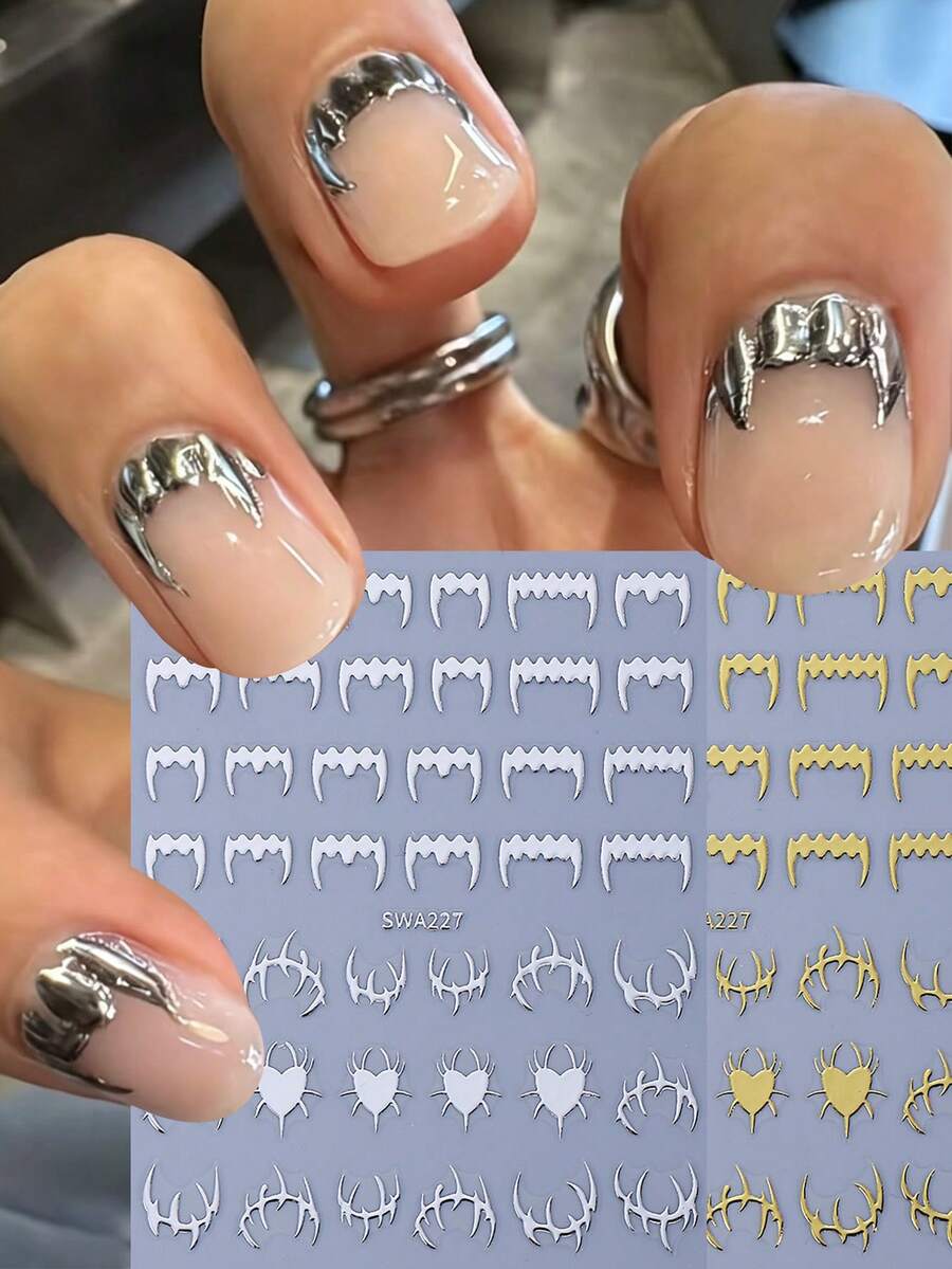 2 piezas Pegatinas de uñas metálicas plateadas y doradas con colmillos de araña 3D y corazón, calcomanías de uñas góticas de terror de Halloween, diseño de araña sangrienta espeluznante, autoadhesivas, pegatinas de arte de uñas DIY, suministros para manicura - Multicolor - Ver 1