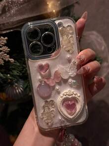 3D花朵珍珠寶石手機殼適用於 14，兼容Apple 13 Pro Max, 12/11，高級滴膠小眾創意Ins爆款女神風新款防摔全包覆 - 白粉 - 查看 5