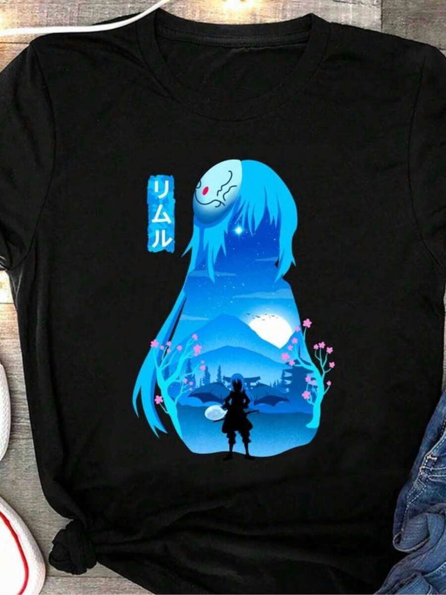 Esa vez me reencarné como un Slime, camiseta de Rimuru, camiseta casual con temática de manga, camiseta gráfica para adultos y adolescentes, ropa de calle diaria. - negro - Ver 1