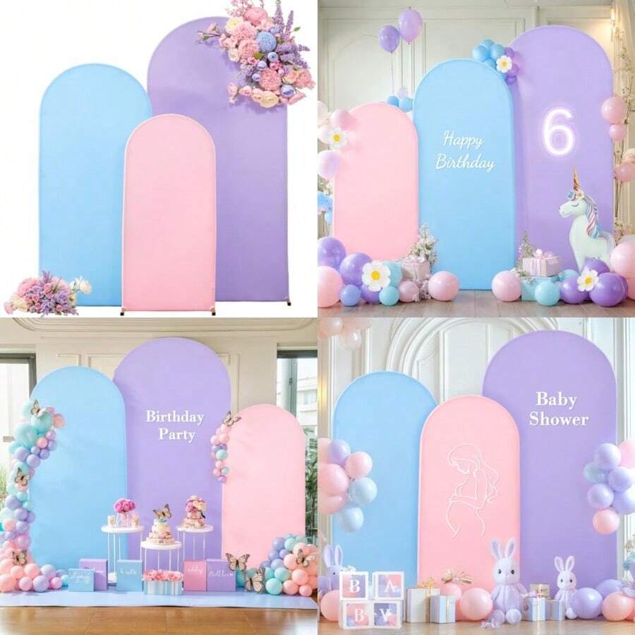 Juego de 3 fundas de telón de fondo de arco morado de 4 pies 5 pies 6 pies fundas de elastano para arco de boda para baby shower fiesta de cumpleaños ceremonia de boda decoración - Rosa prpura azul - Ver 1