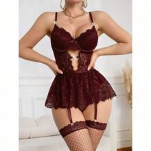Lilosy Sexy Stocking Rhinestones Heart Garter Underwire Floral Mesh Lace Sheer Babydoll Lingerie Teddy Bodysuit Skirt Set - 酒紅色 - 查看 6
