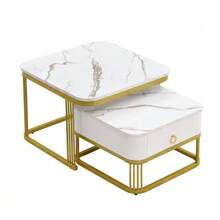 Stackable Coffee Table: Glossy Marble Look, Gold Details, Side Table With Drawers. Set Of Two Pieces. - White - View 9