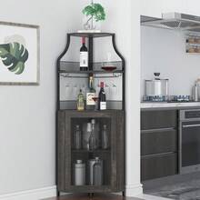 BouPower Industrial Corner Bar Cabinet – 5-Tier With Detachable Wine Rack, Glass Holder, Adjustable Shelves, Glass Doors – Liquor & Wine Storage Buffet For Dining Room Or Home Bar - Carbon - View 3