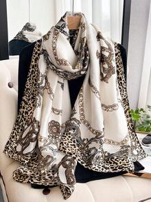 1 Buah Syal Sutra Imitasi Elegan Motif Leopard Vintage dengan Pola Rantai untuk Wanita, Syal Panjang untuk Pantai, Pelindung Matahari, Syal Serbaguna Modis untuk Pemakaian dan Dekorasi Sehari-hari - Putih - View 2