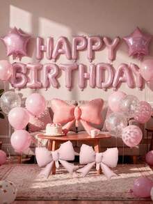 28件組生日派對氣球套裝，16英吋粉色HAPPY BIRTHDAY字母氣球、蝴蝶結鋁箔氣球、星星氣球、粉色乳膠氣球、12英吋銀色鋁箔亮片乳膠氣球，適用於生日派對、嬰兒洗禮裝飾 - 粉紅色套裝 - 查看 3
