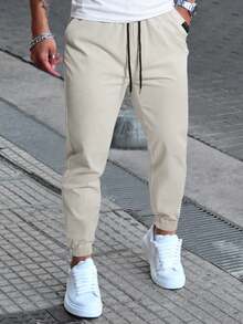 Manfinity Homme Men's Casual Solid Color Trousers With Drawstring Waist, For Autumn - 杏色 - 查看 1
