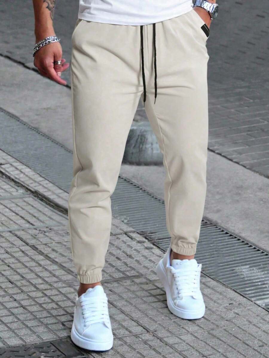 Manfinity Homme Men's Casual Solid Color Trousers With Drawstring Waist, For Autumn - 杏色 - 查看 1