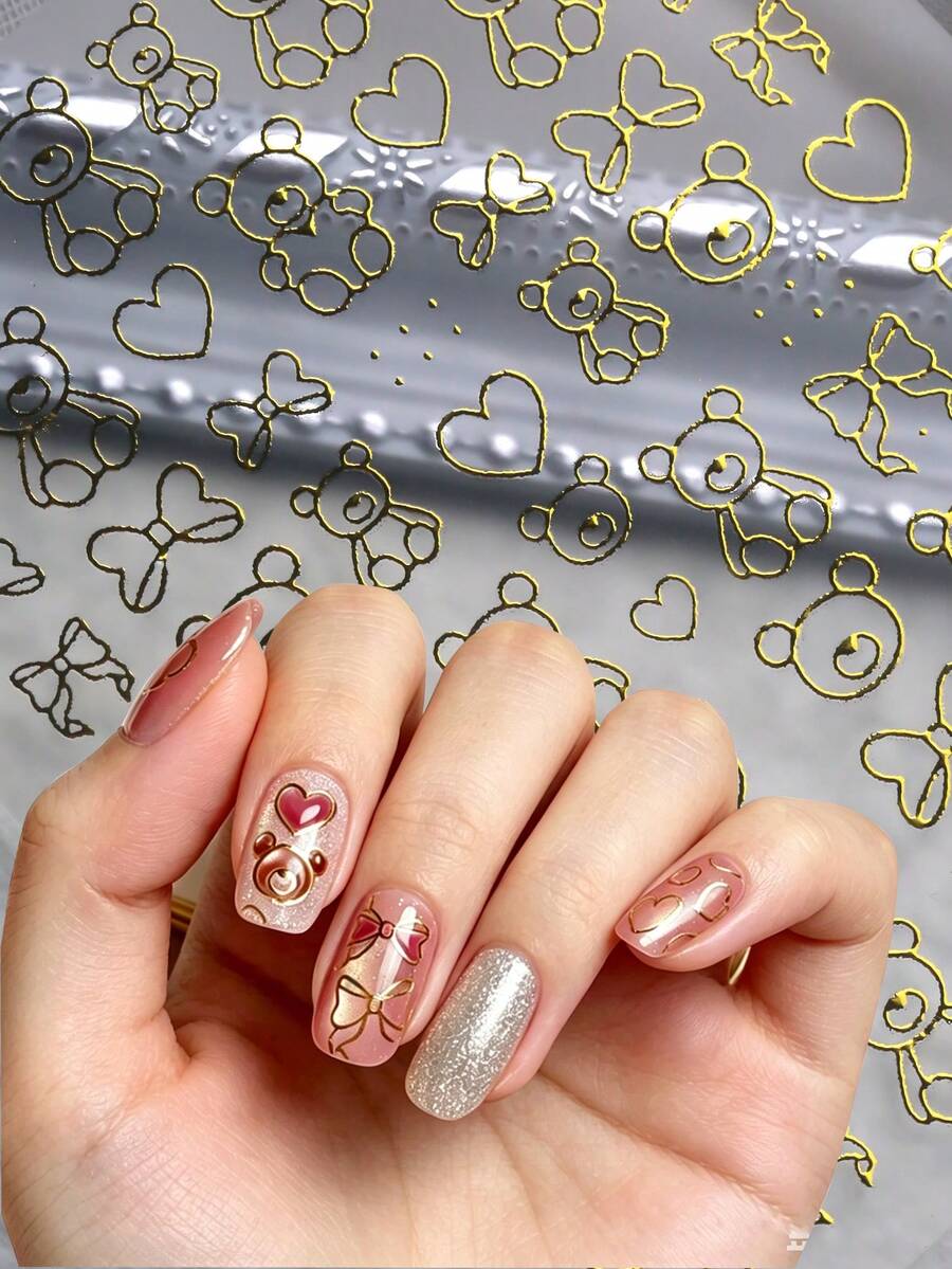 1 pieza Pegatinas de arte de uñas de lujo dulce y fresco con líneas de lámina de oro, con diseños de oso, lazo y corazón delineados en oro, ambiente minimalista exquisito, adecuado para estilo maduro, ir al trabajo, uñas elegantes, looks simples, perfecto para amantes de los detalles, mujeres profesionales, principiantes en el arte de uñas DIY, chicas dulces y frescas - Multicolor - Ver 1