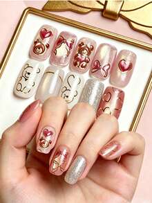 1 pieza Pegatinas de arte de uñas de lujo dulce y fresco con líneas de lámina de oro, con diseños de oso, lazo y corazón delineados en oro, ambiente minimalista exquisito, adecuado para estilo maduro, ir al trabajo, uñas elegantes, looks simples, perfecto para amantes de los detalles, mujeres profesionales, principiantes en el arte de uñas DIY, chicas dulces y frescas - Multicolor - Ver 3