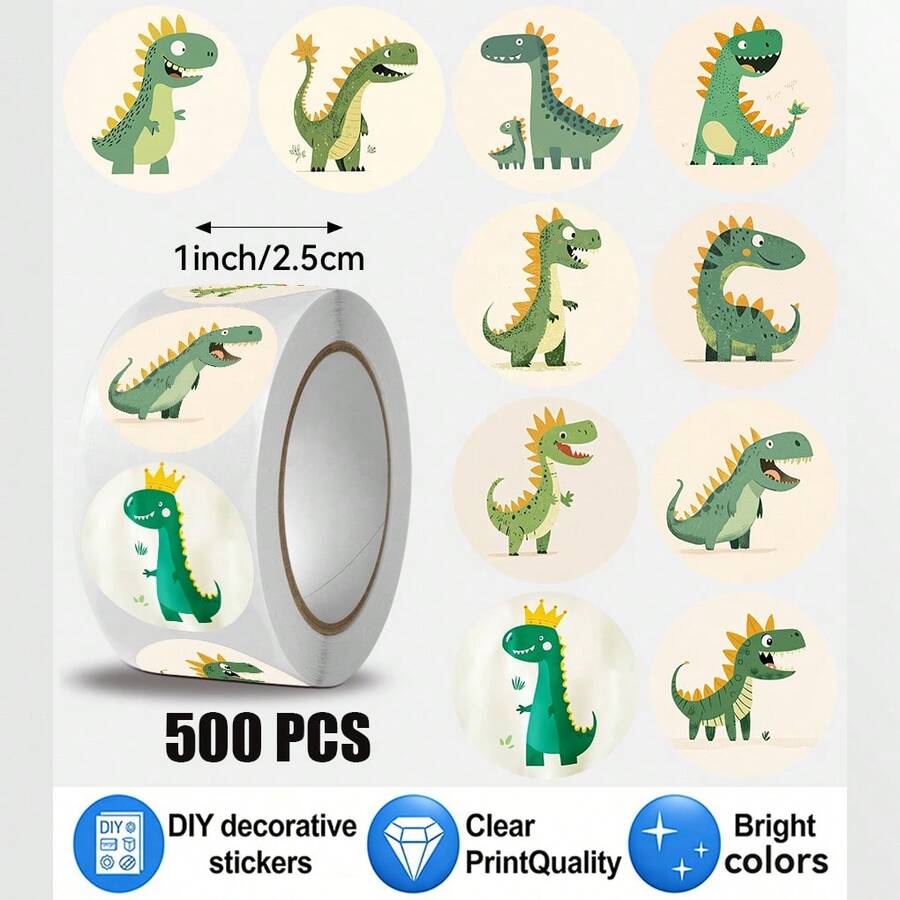 JOERBABU the little kangaroo Bobbie 500pcs/Roll Green Dinosaur Pattern Stickers, 10 Assorted Designs, Christmas Gift Wrapping Labels, Scrapbook Stickers, Planner Gift Wrapping, Paper Craft Decoration, Party Gifts, Gift Box Decoration And Reward Stickers - Multicolor - View 1