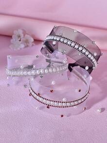 1pc Fashionable Pearl Rhinestone Headband, Simple Mesh Hollow Wide Band, Suitable For Bride, Wedding, Celebration, Banquet, Holiday Party, Daily Casual, Campus, Women's Hair Accessory Hairband - Multicolor - View 11
