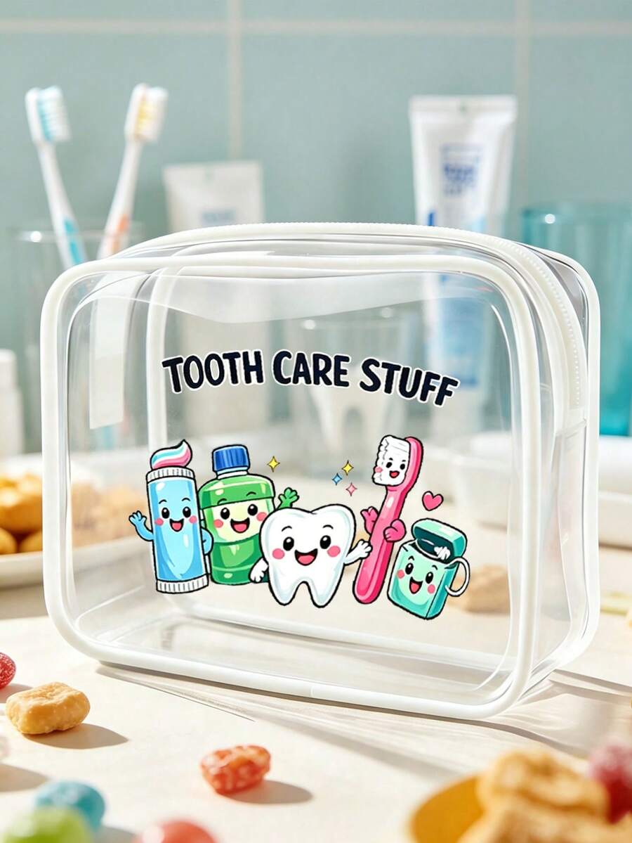 Cartoon Tooth & Dental Care Character Transparent Zipper Toiletry Bag, PVC Makeup Bag, Zipper Sealed PVC Travel Organizer Bag, Cute Style Transparent Storage Pouch, Portable Travel Toiletry & Cosmetic Organizer, Suitable For Dental Care Enthusiasts & Travel Lovers, Perfect For Mothers, Teachers, Friends And Nurses - Multicolor - View 1