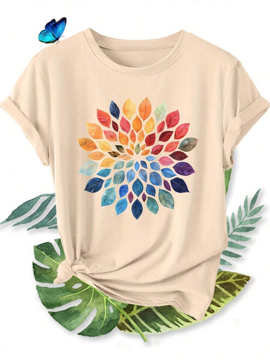 Elegant Women's Short-Sleeve T-Shirt With Colorful Leaf Mandala Print And Round Neck, Suitable For Spring, Summer, And Autumn. Fashionable And Versati