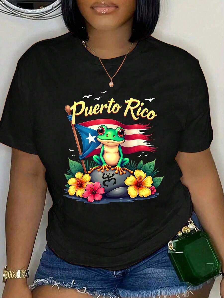 100% Cotton Puerto Rico Culture Roots Amapola Boricua Flag T-Shirt Women's Men's Oversized Comfort Soft Crew Neck Tee Tops - 黑色1 - 查看 1