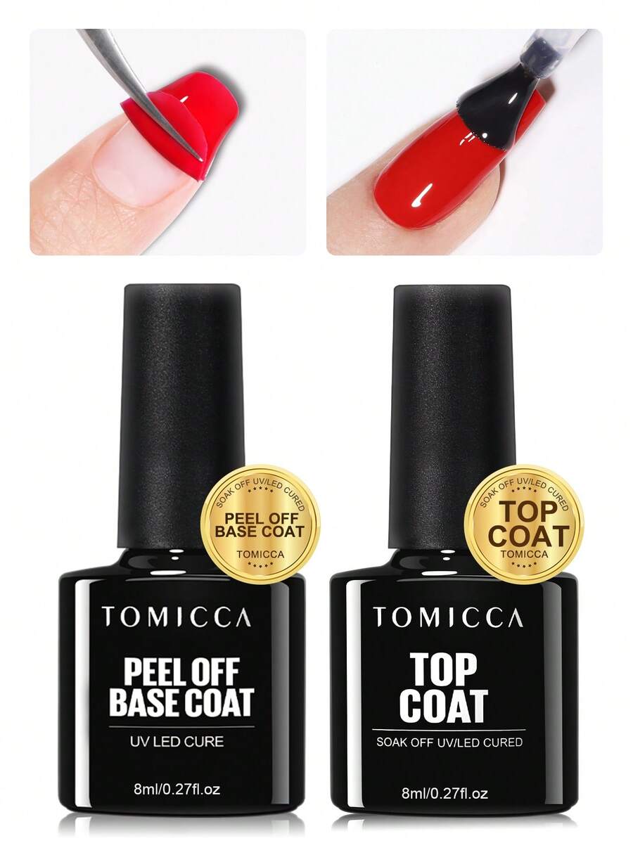 TOMICCA 1件 8ml 撕拉式底膠（無需UV/LED固化）+ 1件 8ml 頂層膠（需UV/LED固化），快乾凝膠指甲油套裝，可輕鬆撕除不傷指甲，適合DIY美甲、美甲沙龍使用或作為女性禮物