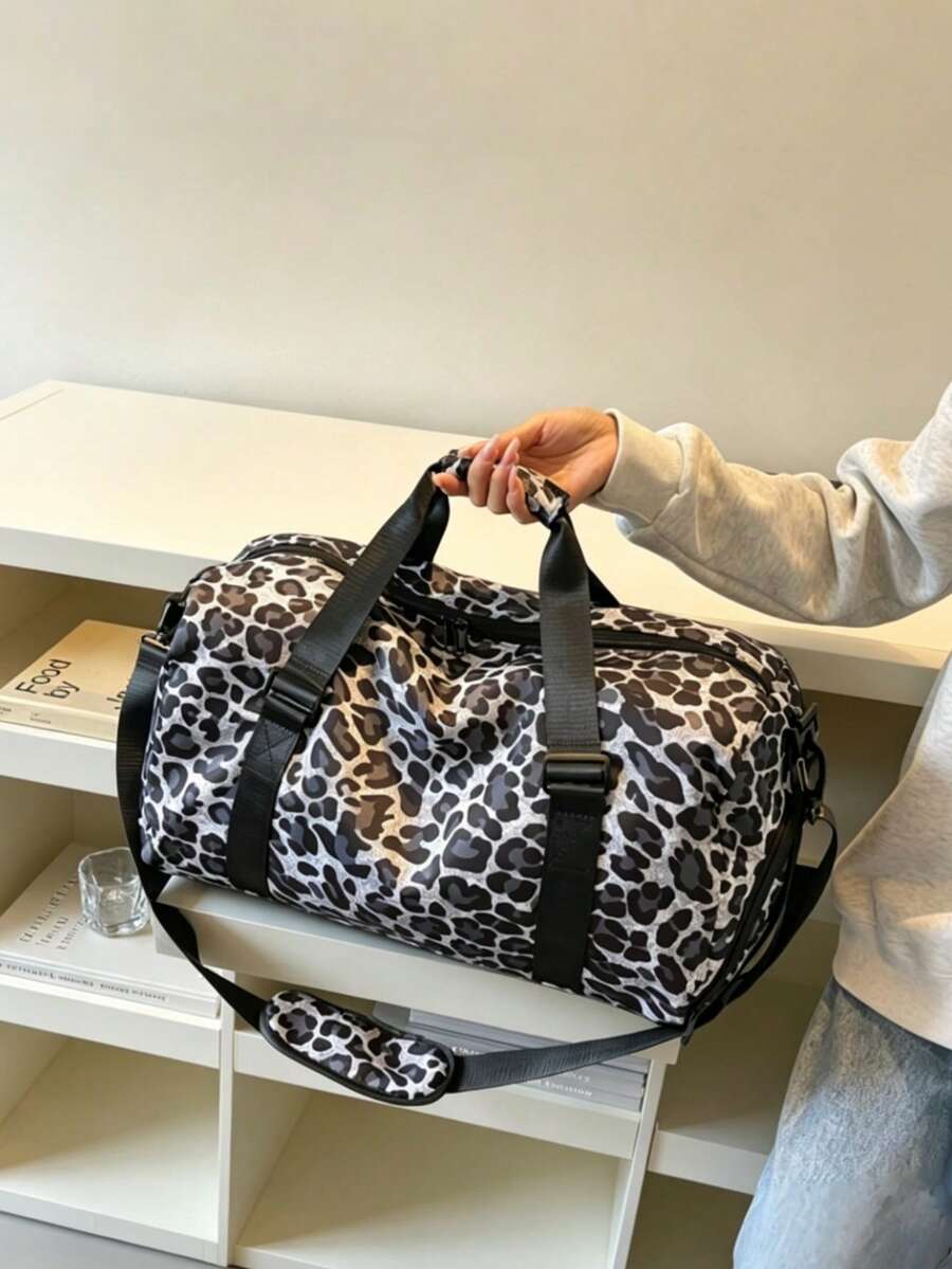豹紋圓筒女款運動包,旅行必備健身包,乾濕分離,大容量手提斜背旅行包,可登機,休閒出院包,附鞋袋 - 黑色 - 查看 1