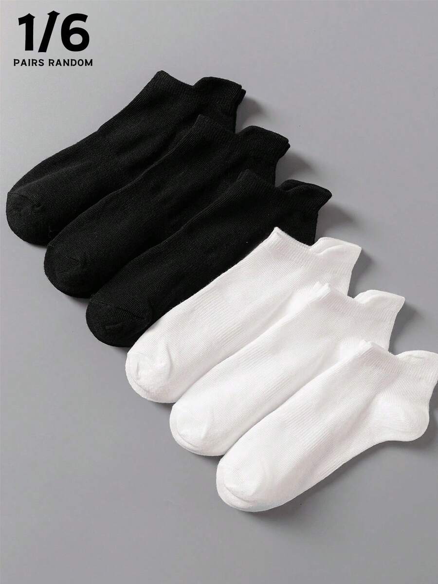 1 Pair/6 Pairs Black & White Color Non-Slip Breathable Odor-Resistant Women's Ankle Socks, Minimalist Versatile Daily Wear - Multicolor - View 1