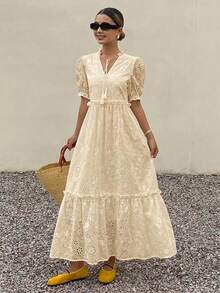 Long Puff-Sleeved Dress With A Knotted Waist, Embroidered Neckline, And Openwork Ruffles; A Bohemian Beach Dress Perfect For Vacations. - 杏 - 查看 12