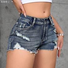 xuehuamaoyi02  PETITE Short de jean desgastado para mujer con bolsillos, informal y versátil - Lavado ligero - Ver 7