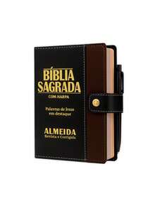 Bíblia Sagrada Letra Grande Botão Preta C/ Marrom C/ Harpa - Livro único - Visão 1