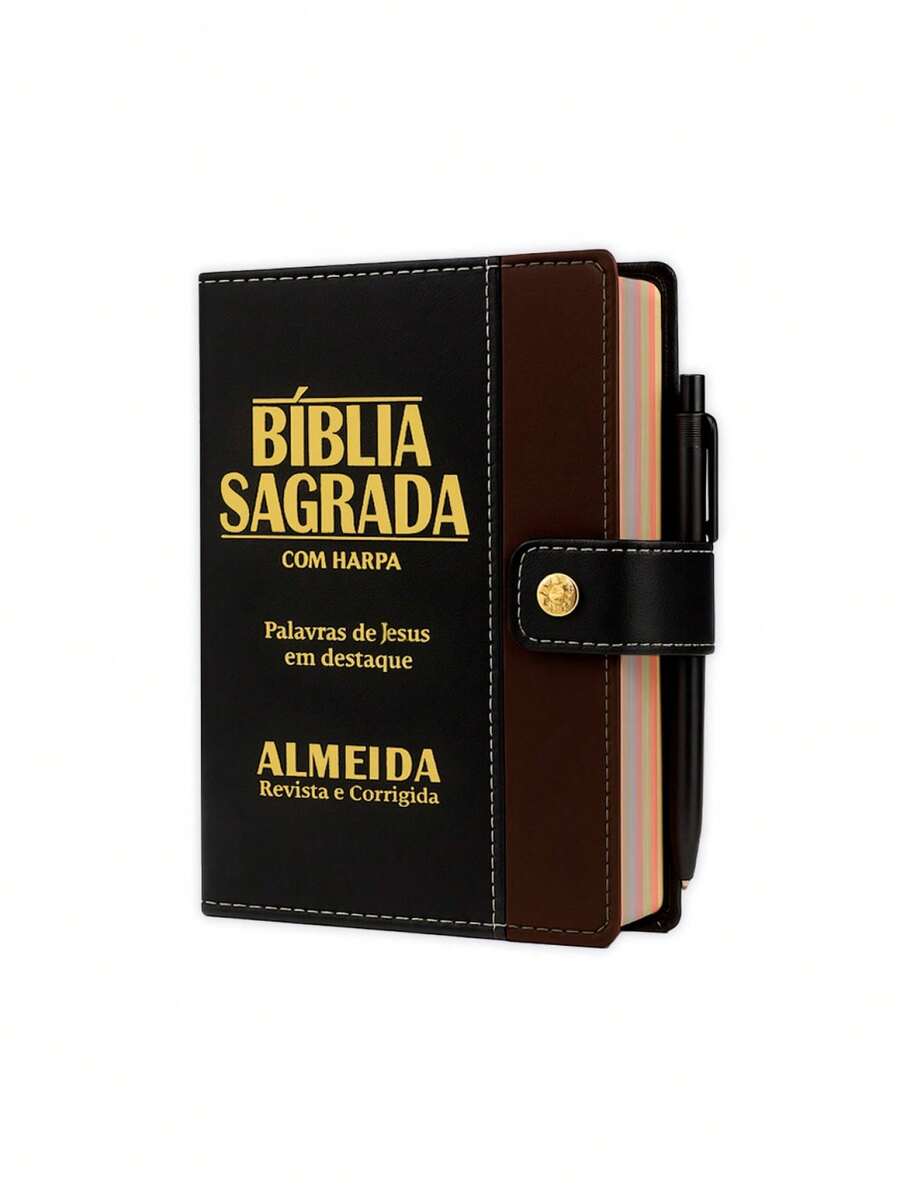 Bíblia Sagrada Letra Grande Botão Preta C/ Marrom C/ Harpa - Livro único - Visão 1