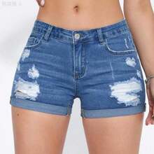 yonghongmaoyi1  Shorts en mezclilla desgarro bajo de doblez - Azul lavado medio - Ver 1