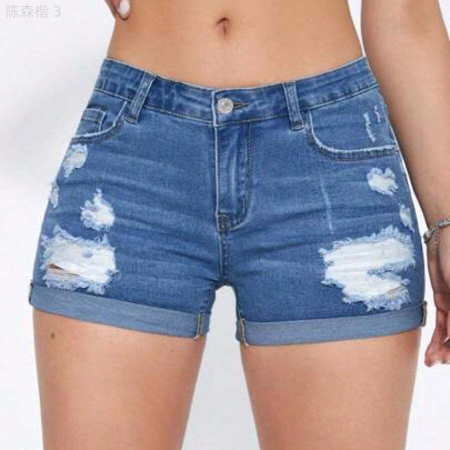 yonghongmaoyi1 Shorts en mezclilla desgarro bajo de doblez - Azul lavado medio - Ver 1