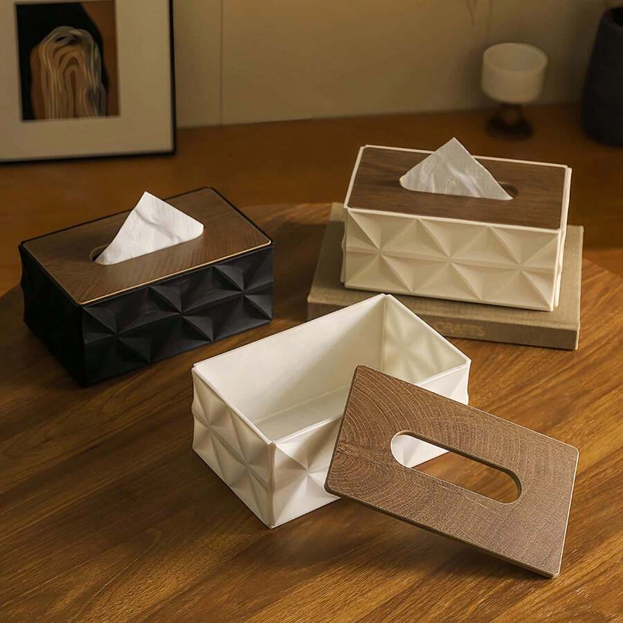1pc Nordic Style Minimalist Tissue Box, Faux Wood Lid With Diamond Texture Design, Odorless Tissue Holder For Living Room And Bedroom Desktop, Wood Grain Tissue Box, Luxury Tissue Box, Living Room Desktop Storage Box, Home Napkin Holder, Geometric Embossed Tissue Box, Nordic Style Tissue Box, Coffee Table Decorative Tissue Box, Bedroom Desktop Tissue Box, Vintage Solid Wood Lid Tissue Box, Creative Desktop Storage