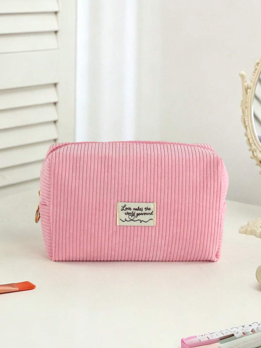 1pc Love Makes The World Go Around Fashionable Minimalist Corduroy Large Capacity Cosmetic Makeup Tool Storage Bag Suitable For Home And Travel