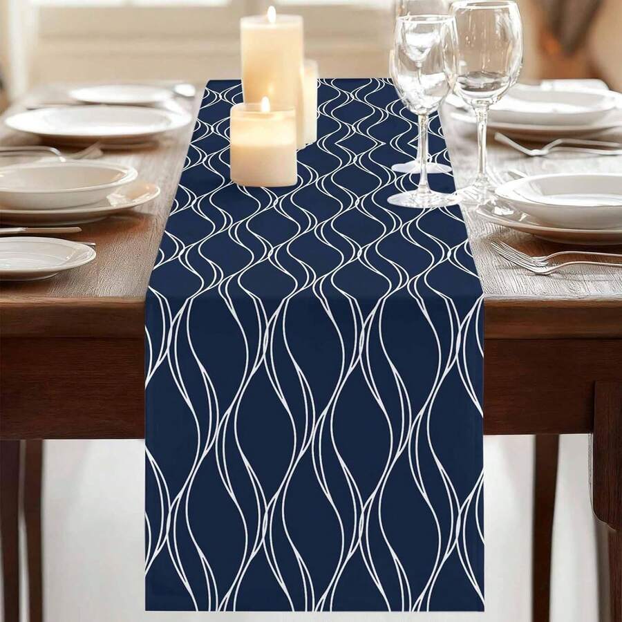 Navy Blue Table Runner, Wavy Line Texture Modern Art Geometric Coffee Table Runner Kitchen Dining Table Decor, Suitable For Indoor Outdoor Home Party Holiday