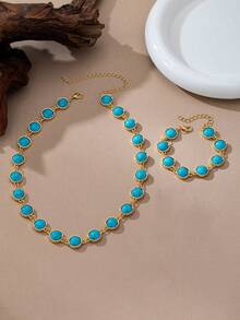 2pcs Bohemian Faux Turquoise Necklace & Bracelet Set, Gold Round Bezel Collarbone Chain, Women's Daily Versatile Accessory - Turquoise - View 4