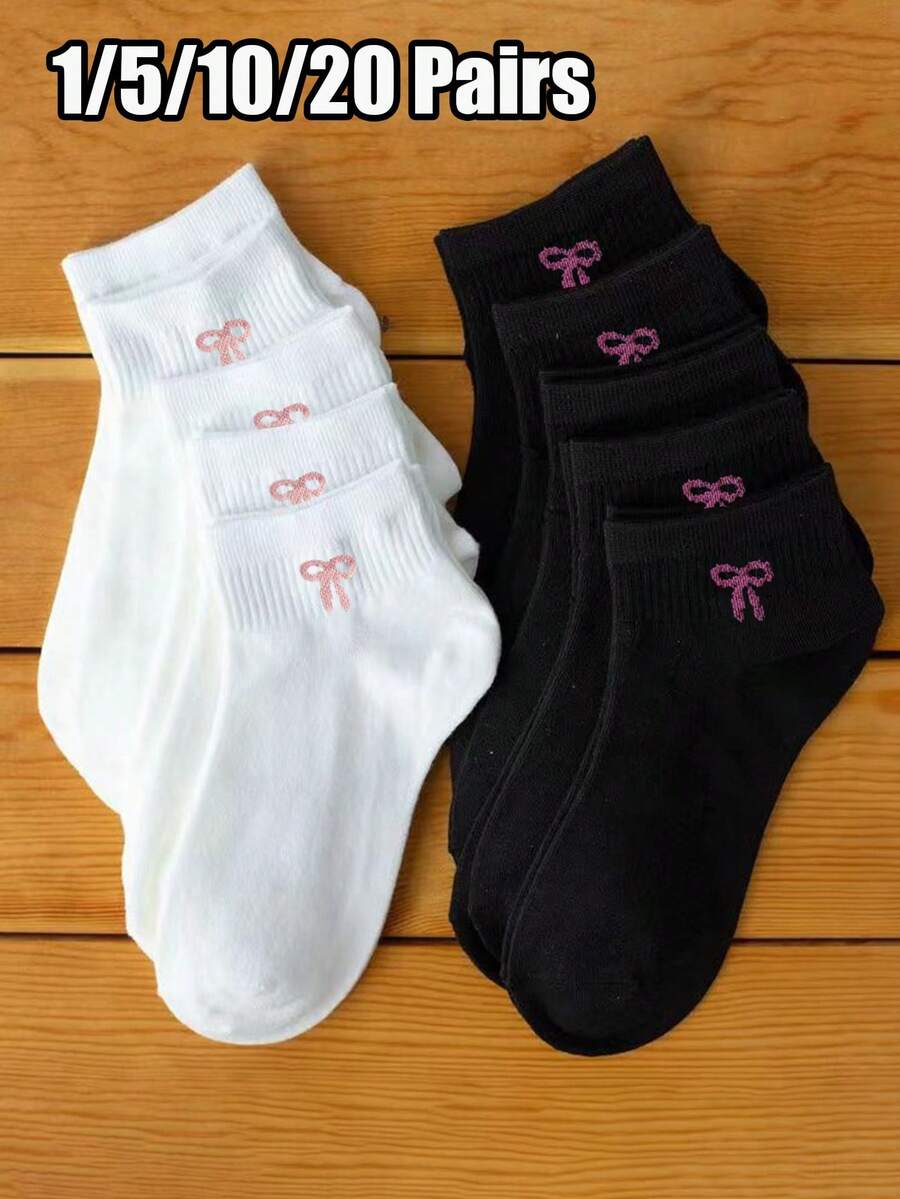 1/5/10/20 双装女士可爱蝴蝶结领带图案短袜，隐形袜，适合日常、节日、户外活动穿着，圣诞礼物 - 黑與白 - 查看 1