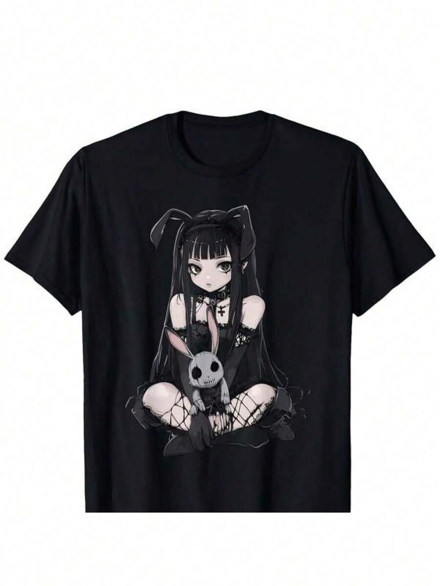 Camiseta con un lindo conejo gótico de anime en estilo grunge - Negro - Ver 1