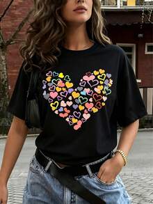 彩虹愛心拼接圖案 T-shirt，Y2K 風格印花 T-shirt，俏皮風格多色休閒短袖，活力愛意氛圍上衣，黑色夏季款 - 黑色 - 查看 5