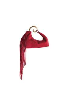 Rollcall A Fashionable Burgundy Velvet Tassel Handbag For Women, With A Golden Spiral Hook, Very Suitable For Attending Evening Parties And Social Occasions. - Red - View 2