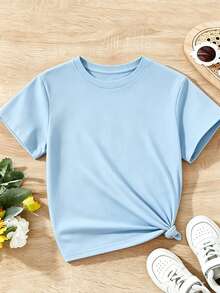 Women's Comfortable T-Shirt With Round Neck, Short Sleeve, Cotton Blend, Soft And Breathable, Casual Clothing For Spring And Summer, Urban Style - Baby Blue - View 4