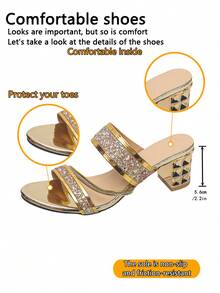 Teen Rhinestone Double Strap Thick Heel Sandals With No Heel For Easy Wearing And Taking Off, Suitable For Party/Daily Street Scenes - Gold - View 7