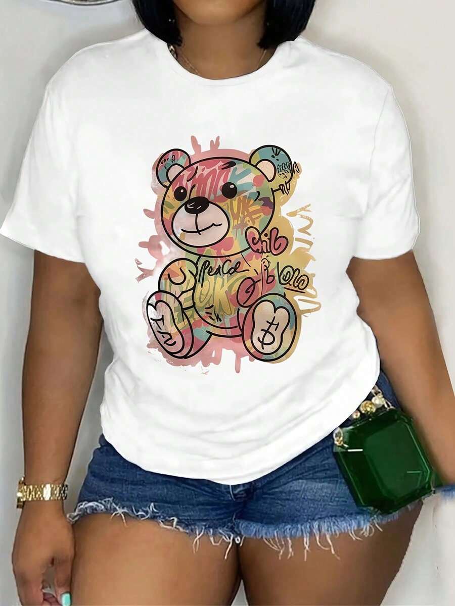 Camiseta Casual de Manga Corta y Cuello Redondo para Mujer - 100% Pura con Estampado Gráfico Vibrante de Oso y Paz, Lavable a Máquina, Top de Primavera Verano para Uso Diario - Blanco - Ver 1