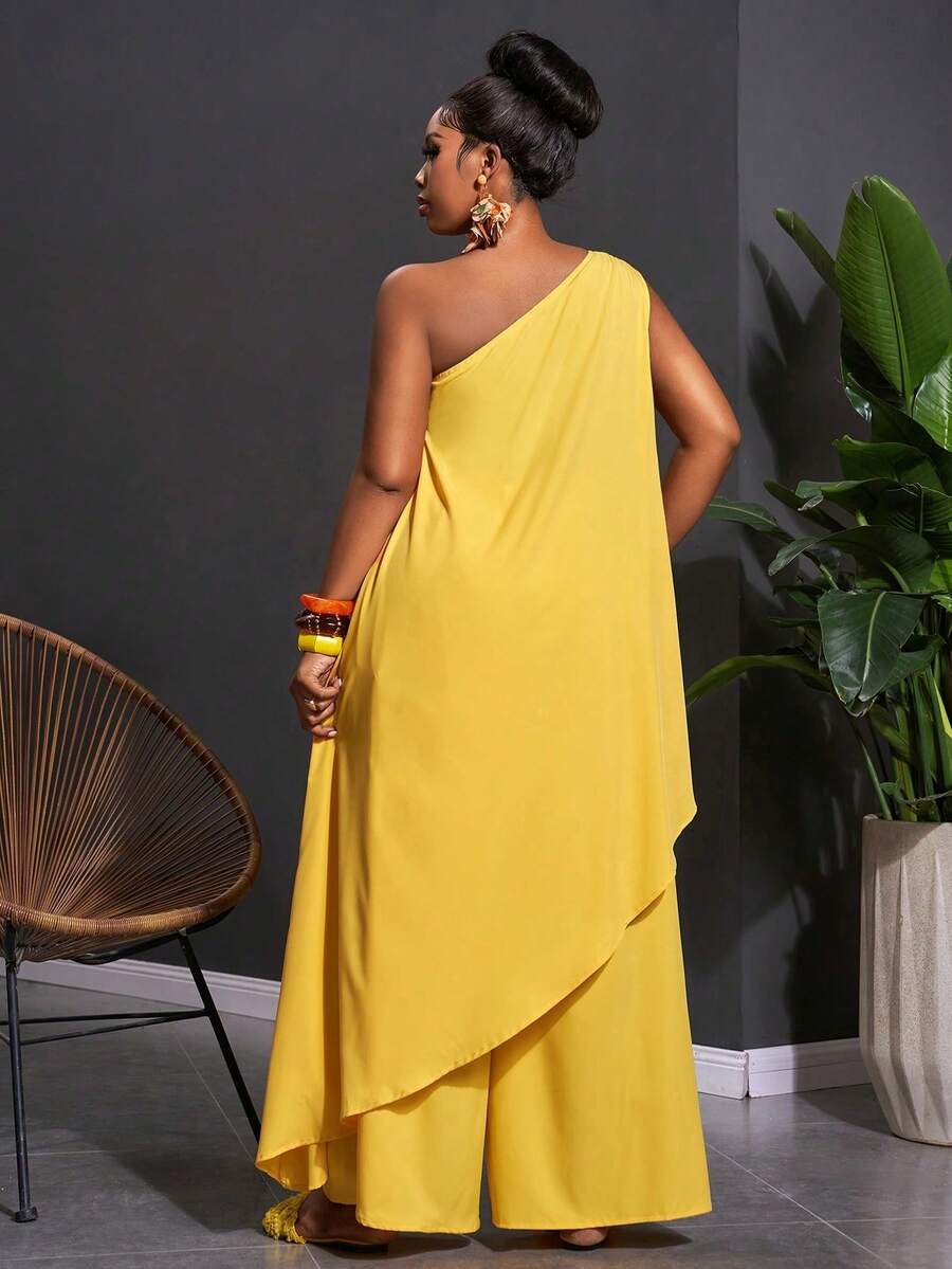 Blusa asimétrica amarilla + pantalón ancho: conjunto talla grande para primavera/verano 2026