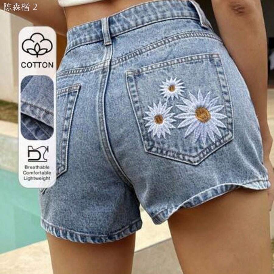 xuehuamaoyi02 Shorts vaqueros casuales de talle regular con decoración de bordado floral, estilo Y2K para verano - Lavado ligero - Ver 1