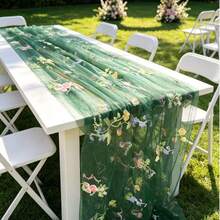 Embroidered Butterfly & Floral Table Runner Suitable For Weddings - Elegant Sheer Table Decor With Embroidery, Fabric, Length For Chair Back, Veil Or Party Decoration, Multi-Use Decorative Table Runner For Special Events - Dark Green - View 8