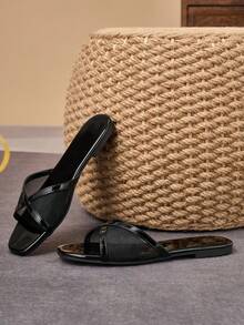Sandalias tipo slide de mujer con punta cuadrada, planas, de moda, versátiles, para exteriores, de lujo, con hebilla, para verano, playa, vacaciones, premium, para todas las estaciones, elegantes chanclas - Negro - Ver 6