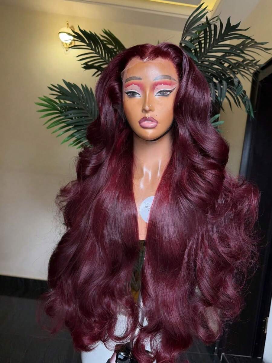 13X4 Front Lace Real Human Hair Wig For Women 99J Burgundy Colored Body Wave Remy Hair With Bangs Long Hair Pre Plcuked Natural Hairline Date Party Vacation 180 Density