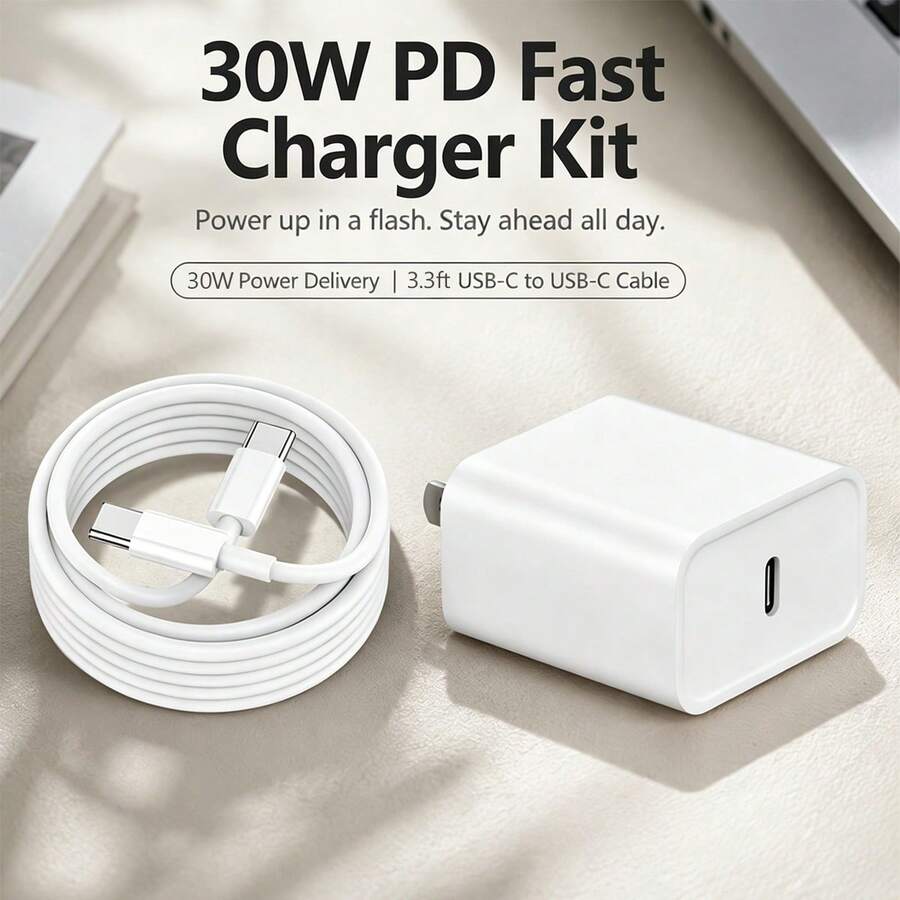 30W 快充套組 USB-C 壁式快充適配器，美國標準充電頭，附 3.3英尺/100公分長充電線，高效數據傳輸數據線 USB-C 轉 Type-C 充電套組，相容於 17/16/15 Pro Max Plus 及其他智慧型手機，旅行便攜充電套組 - 查看 1