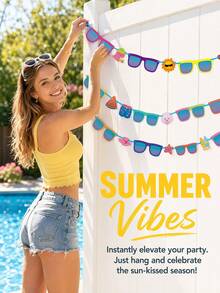 1 Set Summer Party Banner, Multicolor Rectangular Paper Summer Banner Decoration, Tropical Summer Holiday Birthday Party Decoration, Suitable For Pool, Beach, Luau Party, Tropical Party - Glasses - View 4