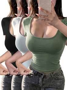 Set de 3 camisetas de mujer de manga corta con cuello en U, tops ajustados y cortos de color liso casual y de moda para el verano - Multicolor 9 - Ver 1