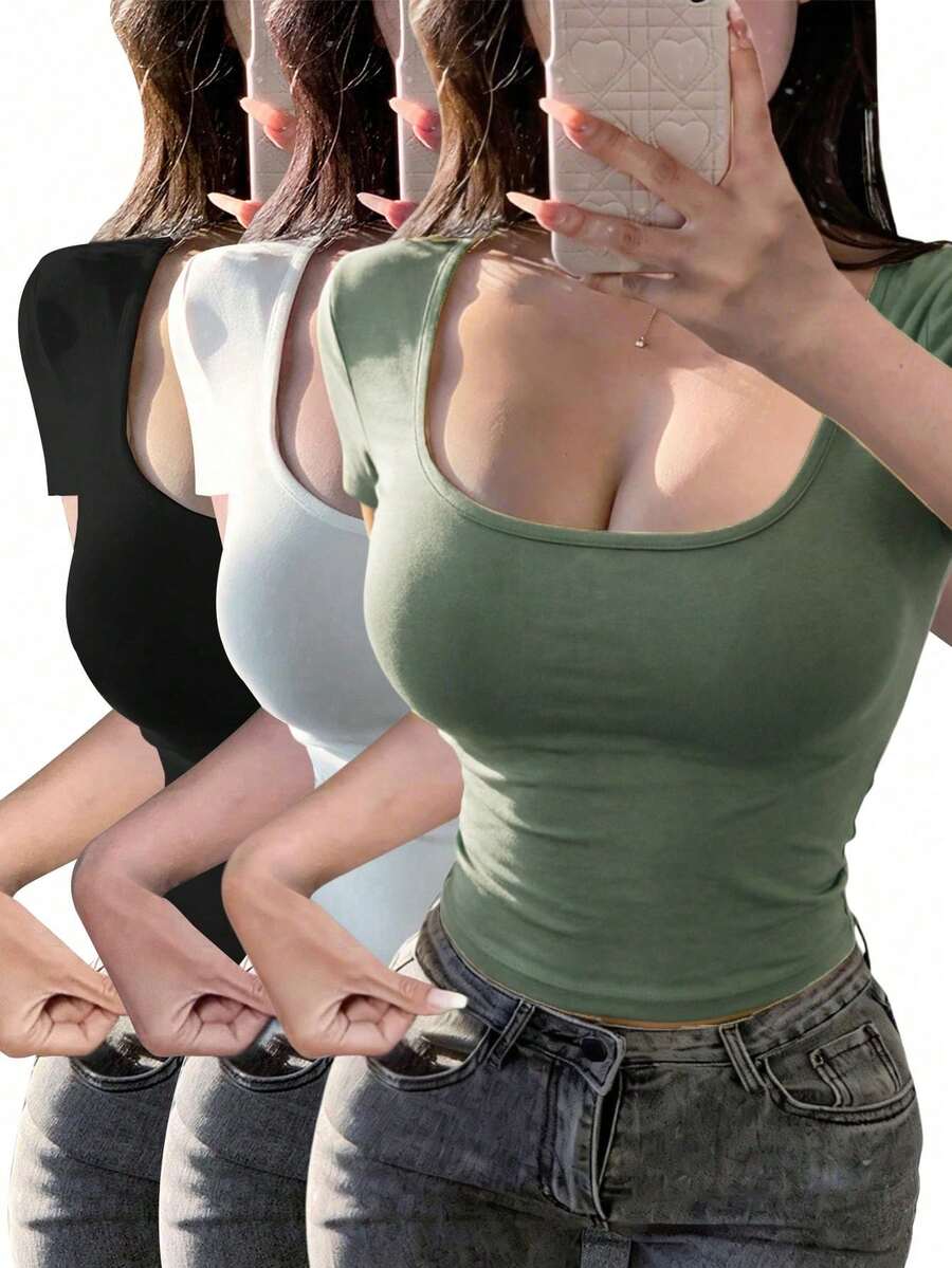 Set de 3 camisetas de mujer de manga corta con cuello en U, tops ajustados y cortos de color liso casual y de moda para el verano - Multicolor 9 - Ver 1
