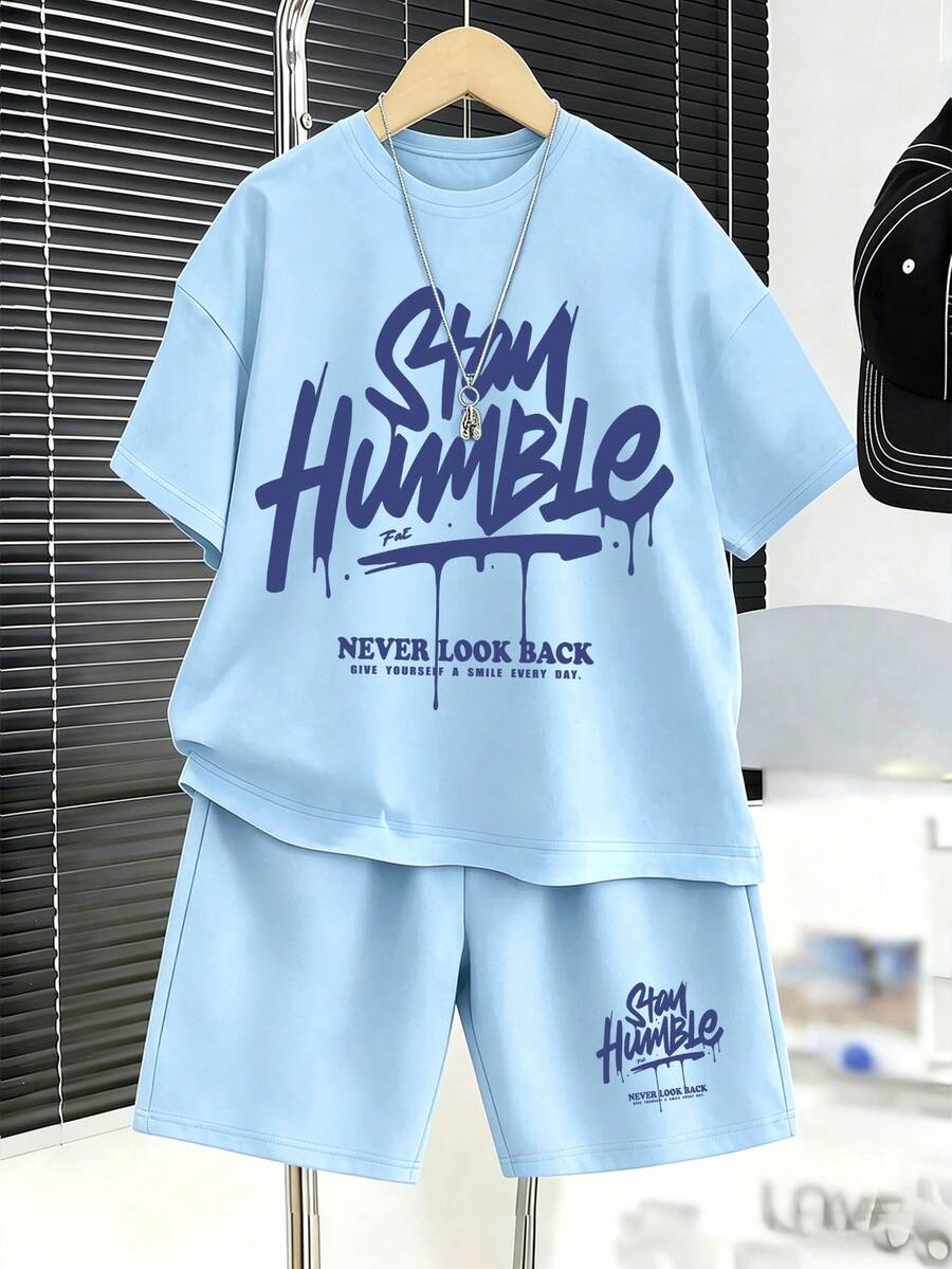2 pièces Ensemble t-shirt à manches courtes à col rond avec imprimé lettre minimaliste décontracté et short pour garçons préadolescents, adapté pour l'été, un nouvel ensemble d'été confortable - Bleu ciel - Voir 1